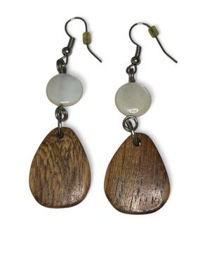 Handmade Wooden Drop Earrings with White Bead - never worn!